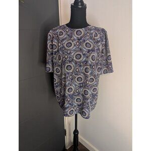 90's Christie & Jill Purple and Blue Paisley Mandala Print Short Sleeve Blouse M